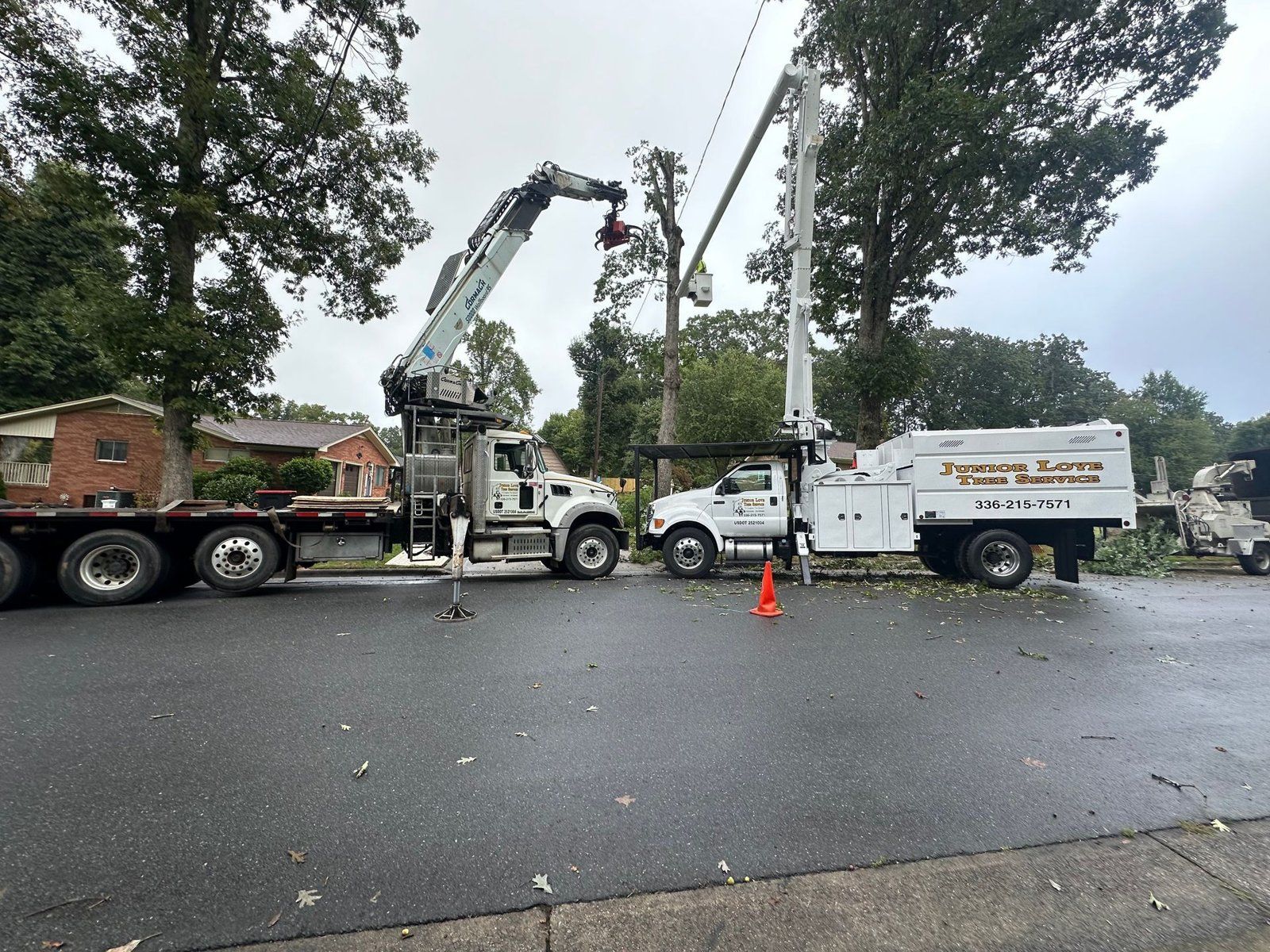 Junior Loye Tree Service trucks and crane at a job