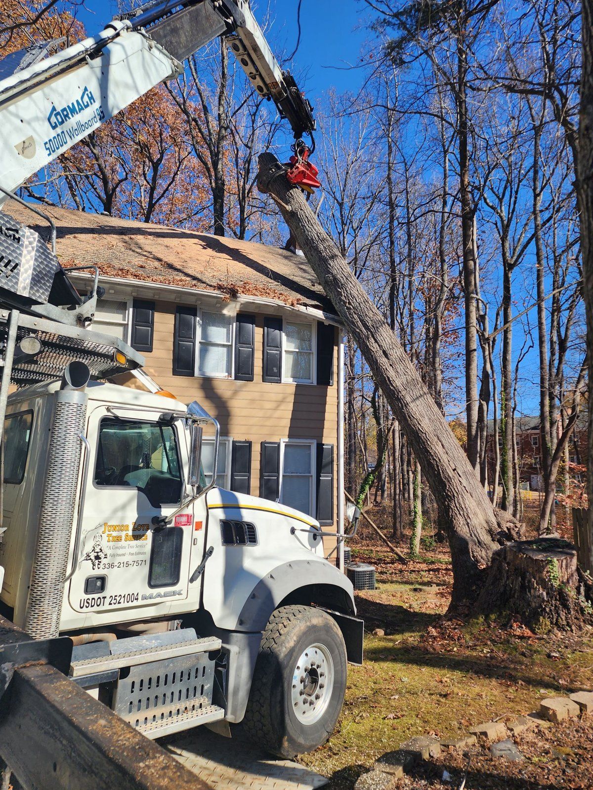 Crew truck and crane taking down a tall tree beside a brick home